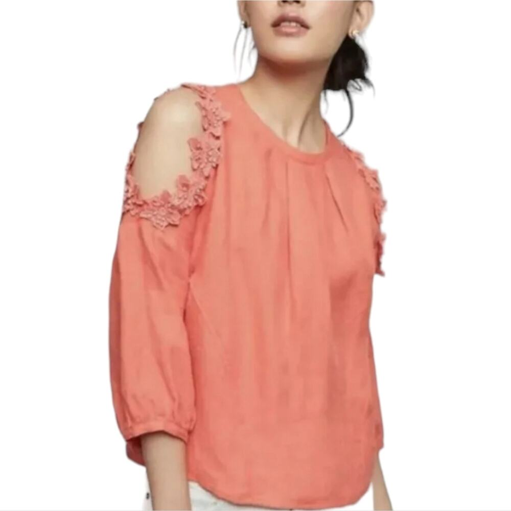 ANTHROPOLOGIE ERI ALI Sz S Jemima Cold Shoulder Coral Floral Linen Top 2/3 Sleev